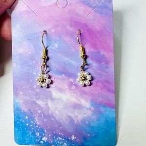 Beaded flower gold stainless steel hook dangle earrings